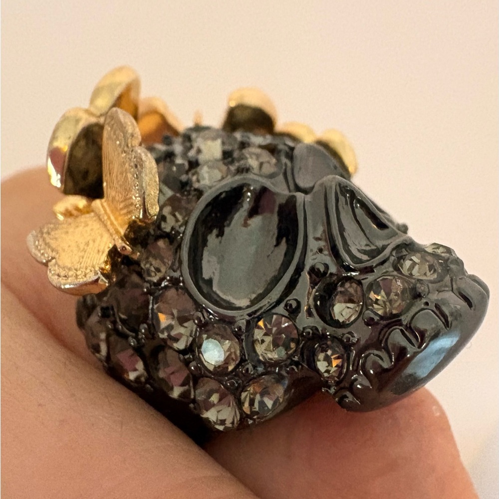 Unique Skull Statement Ring w/ Gold Butterflies, Size 8 - Picture 7 of 16